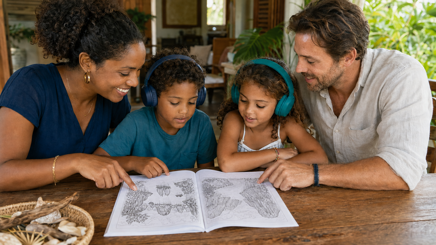 Une famille partage une histoire du Naturarium et explore ensemble un cahier ouvert