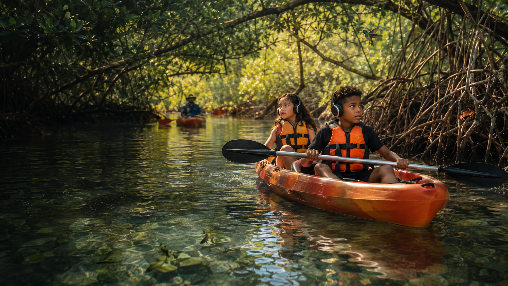 Deux enfants équipés de casques traversent la mangrove de Guadeloupe en kayak